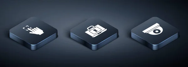 Isometric Fingerprint, güvenlik kamerası, dizüstü bilgisayar ve kilit simgesini ayarla. Vektör — Stok Vektör