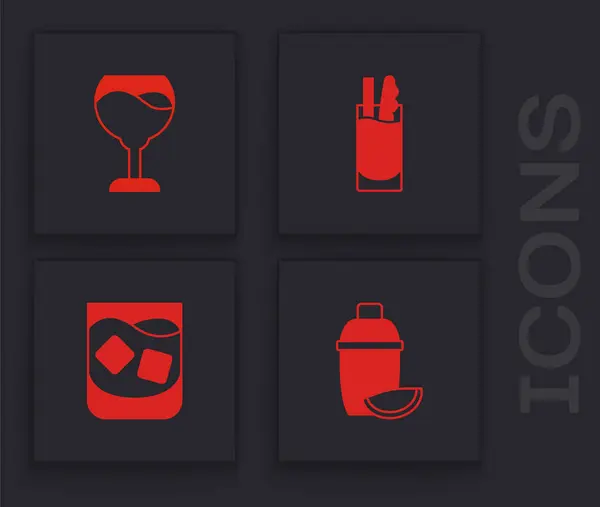 Set Cocktail shaker avec citron vert, verre à vin, Bloody Mary et verre de whisky icône. Vecteur — Image vectorielle