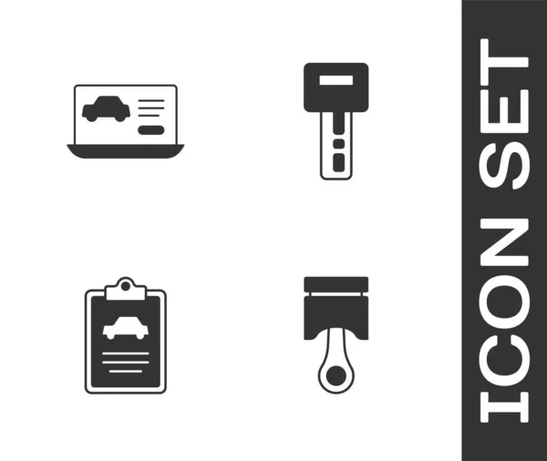 Set pistón del motor, estado de diagnóstico del coche, inspección del coche y llave con icono remoto. Vector — Archivo Imágenes Vectoriales