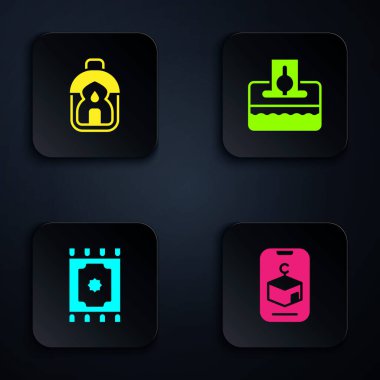 Yıldız ve hilal, Ramazan Kareem feneri, geleneksel halı ve bağış ya da sadaka. Siyah kare düğme. Vektör