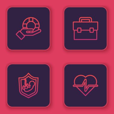 Hat Lifebuoy 'un elinde, sigortalı kalkan, evrak çantası ve... Mavi kare düğme. Vektör