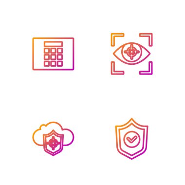 Çizgi kalkanını işaretle, bulut ve kalkanla, parola koruması ve göz taramasıyla ayarla. Renk simgeleri. Vektör