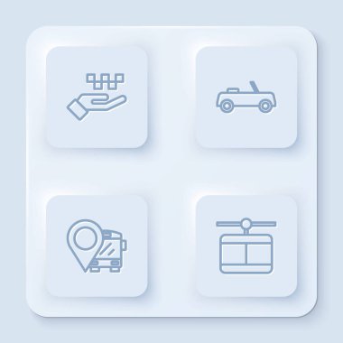 El hattını taksi, araba, konum otobüsü ve kablolu araba ile ayarlayın. Beyaz kare düğme. Vektör