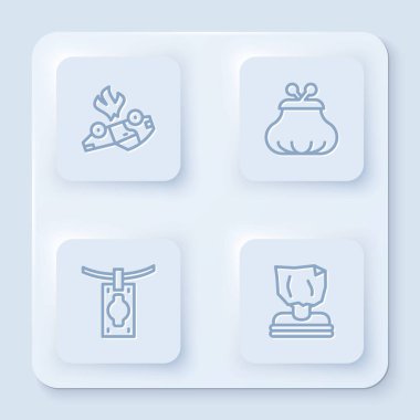 Hattı, yanan araba, cüzdan, kara para aklama ve adam kaçırma. Beyaz kare düğme. Vektör