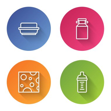 Tereyağı kabına tereyağı, süt kabı, peynir ve bebek şişesi. Renkli daire düğmesi. Vektör