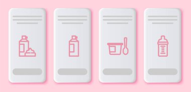 Şişede krem şanti, kaşıklı yoğurt kabı ve bebek sütü. Beyaz dikdörtgen düğme. Vektör