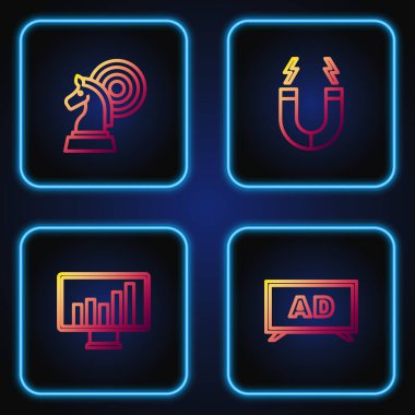 Satır Reklamcılığını ayarla, grafik grafikli monitör, Satranç ve Mıknatıs. Renk simgeleri. Vektör