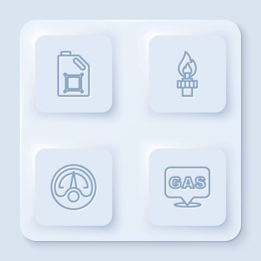 Motor yağı için teneke kutu, yangınlı petrol platformu, motor benzin göstergesi, konum ve istasyon ayarlayın. Beyaz kare düğme. Vektör