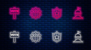 ABD Bağımsızlık Günü, Yıldızlı Kalkan, Oy ve Beyaz Saray. Tuğla duvarda parlayan neon simgesi. Vektör