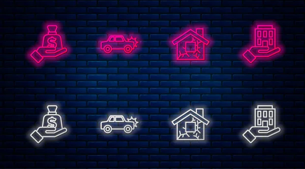Set line Car, House, Money in hand and . Glowing neon icon on brick wall. Vector — Stock Vector
