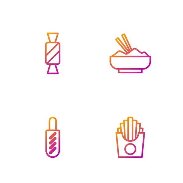 Set line Patatas papas fritas en caja, Sándwich de Hotdog, Candy y Arroz bowl con palillo. Iconos de color degradado. Vector — Vector de stock