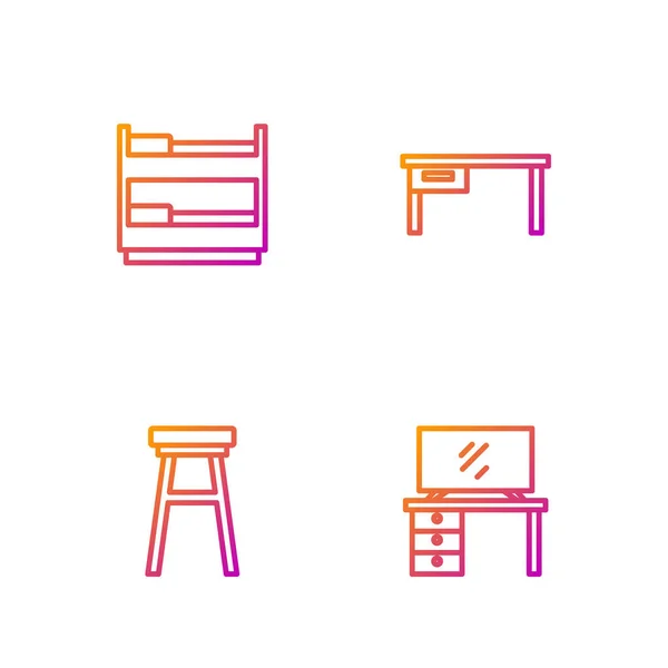 Set line TV mesa, silla, litera y escritorio de oficina. Iconos de color degradado. Vector — Archivo Imágenes Vectoriales