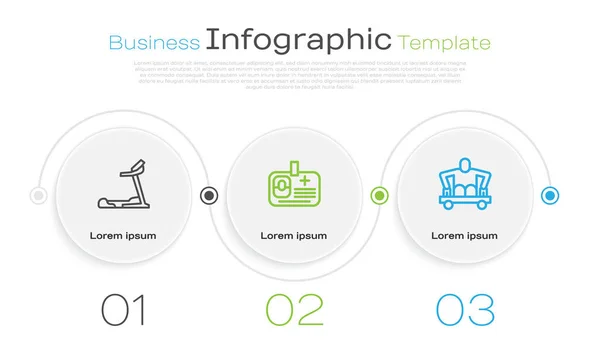 Set line Treadmill machine, Identification badge and Man without legs sitting wheelchair. Business infographic template. Vector — Stock Vector