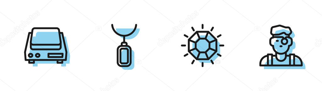 Set line Diamond, Electronic jewelry scales, Pendant necklace and Jeweler man icon. Vector