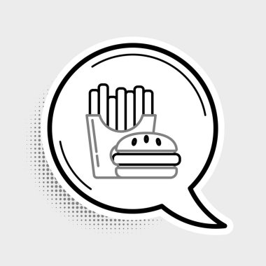 Çizgi Burger ve patates kızartması gri arka planda izole edilmiş karton paket ikonunda. Hamburger, çizburger sandviçi. Fast food menüsü. Renkli taslak konsepti. Vektör