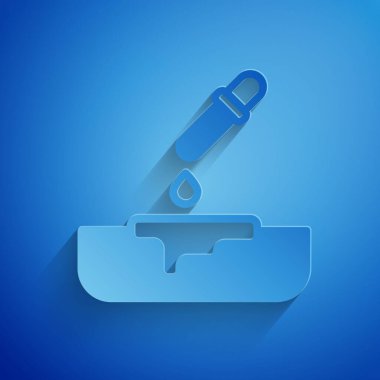 Kağıt kesiği Petri kabı mavi arka planda izole edilmiş pipet simgesi ile. Kağıt sanatı tarzı. Vektör