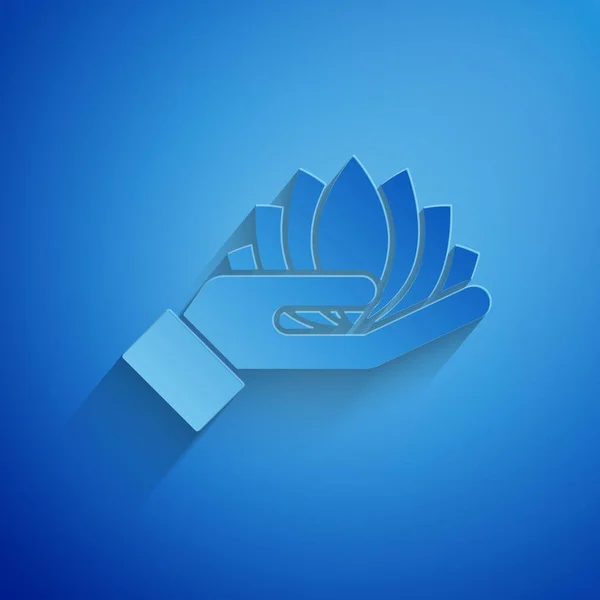 Papiergeschnittenes Lotusblumen-Symbol isoliert auf blauem Hintergrund. Papierkunst. Vektor — Stockvektor