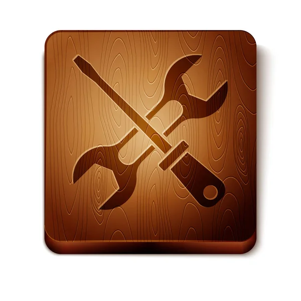 Chave de fenda marrom e chave chave chave ferramenta ícone isolado no fundo branco. Símbolo da ferramenta de serviço. Botão quadrado de madeira. Vetor — Vetor de Stock