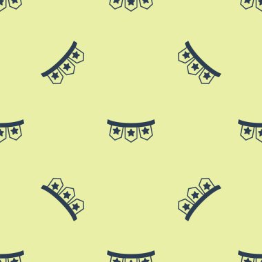 Mavi Karnaval çelengi, sarı arka planda işaretsiz desenli. Doğum günü kutlaması için parti flamaları, festival dekorasyonu. Vektör