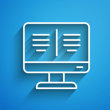 Monitör simgesi üzerindeki beyaz çizgi kitabı mavi arkaplanda izole edildi. İnternet eğitimi konsepti, e-öğrenme kaynakları. Uzun gölge. Vektör İllüstrasyonu