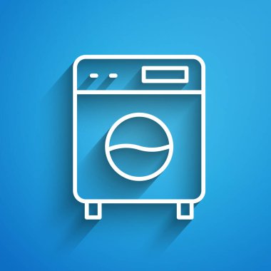 Beyaz çizgi yıkama simgesi mavi arkaplanda izole edildi. Çamaşır makinesi simgesi. Çamaşır makinesi, çamaşır makinesi. Ev aletleri sembolü. Uzun gölge. Vektör