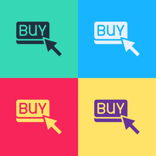 Pop art Comprar ícone de botão isolado no fundo da cor. Conceito de mercado financeiro e de investimento de ações. Vetor — Vetor de Stock
