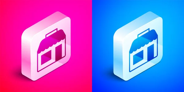 Isometric Shopping building or market store icon isolated on pink and blue background. Shop construction. Silver square button. Vector — 图库矢量图片
