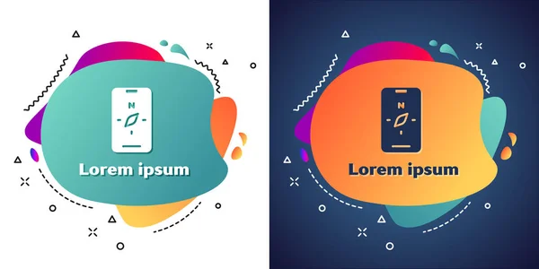 White Compass Screen Apps auf dem Smartphone für Navigationssymbole isoliert auf weißem und blauem Hintergrund. Anwendungskompass für Navigation, App-Karte. Abstraktes Banner mit flüssigen Formen. Vektor — Stockvektor