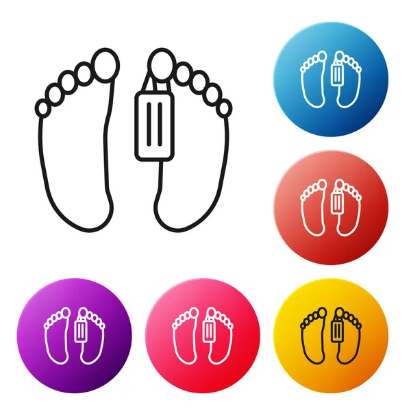 Black line Dead body with an identity tag attached in the feet in a morgue of a hospital icon isolated on white background. Set icons colorful circle buttons. Vector — Stock Vector