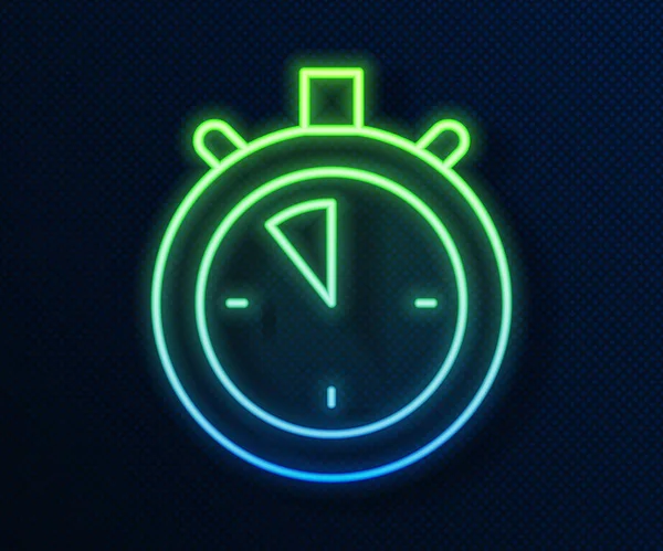 Icono de cronómetro de línea de neón brillante aislado sobre fondo azul. Signo del temporizador. Signo de cronómetro. Vector — Archivo Imágenes Vectoriales