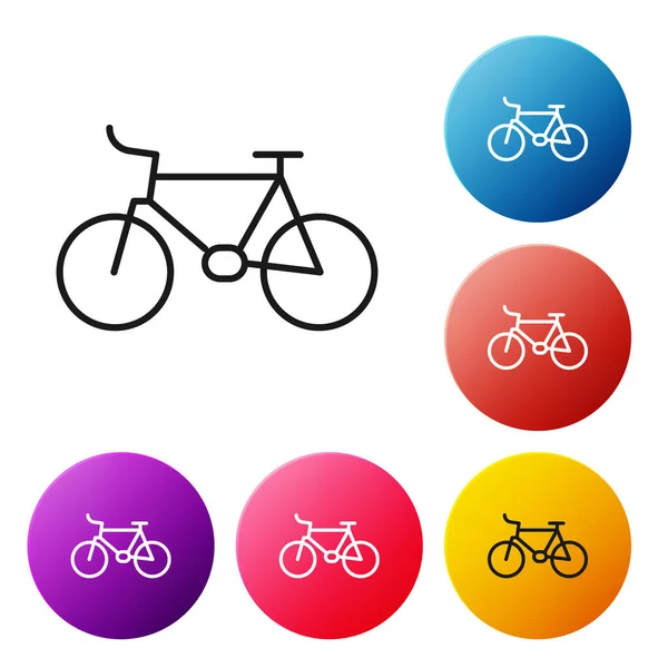 Icono de Bicicleta de línea negra aislado sobre fondo blanco. Carrera de bicicletas. Deporte extremo. Equipamiento deportivo. Establecer iconos botones círculo de colores. Vector — Vector de stock