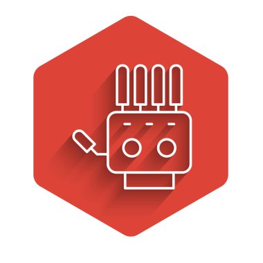 Beyaz çizgi Mekanik robot el simgesi uzun gölgeli izole edilmiş. Robot kol sembolü. Teknolojik konsept. Kırmızı altıgen düğmesi. Vektör