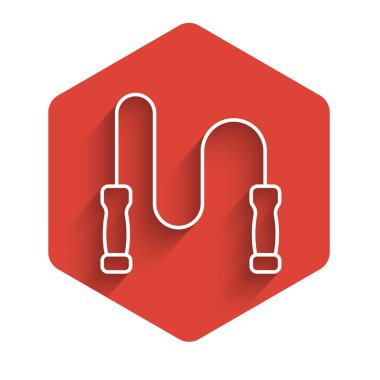 Beyaz çizgi atlama ipi simgesi uzun gölgeli izole edilmiş. İp atlıyorum. Spor malzemeleri. Kırmızı altıgen düğmesi. Vektör