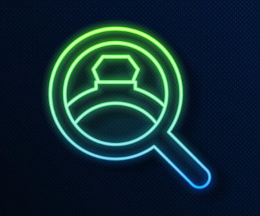 Parlayan neon hattı elmas nişan yüzüğü ikonu mavi arka planda izole edildi. Vektör