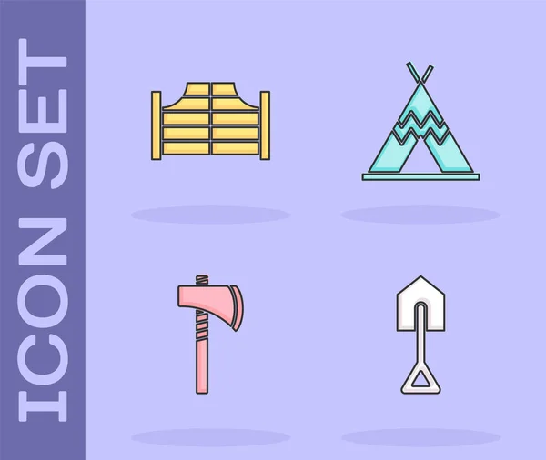 Set Shovel, Saloon door, Tomahawk axe and Indian teepee wigwam icon. Vector — Stock Photo, Image
