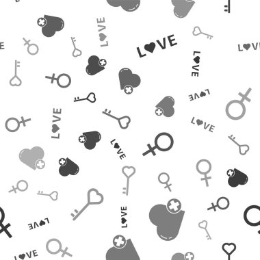 Aşk metni, kalp, kadın cinsiyet sembolü ve anahtar kalp şeklinde kusursuz desen. Vektör