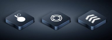 Isometric el bombası, askeri rütbe ve hedef spor ikonu. Vektör