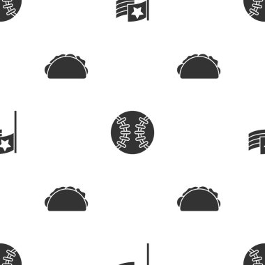 Amerikan bayrağını, beysbol topunu ve tortilla soslu taco 'yu kusursuz bir şekilde yerleştirin. Vektör