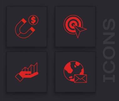 Dünya küresini posta, mıknatıs parası, hedef ve pasta grafiği ikonu ile ayarla. Vektör