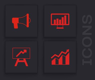 Finansal büyüme artışı, megafon, grafik grafikli monitör ve tahta simgesini ayarla. Vektör