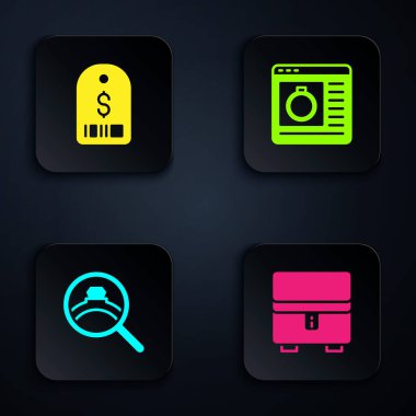Mücevher kutusu, dolar etiketi, elmas nişan yüzüğü ve online alışveriş. Siyah kare düğme. Vektör