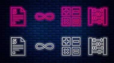 Satır Fonksiyon matematiksel sembolü, Tüy ve mürekkep hokkası, Sonsuzluk ve Grafik, çizelge, çizelge, diyagram. Tuğla duvarda parlayan neon simgesi. Vektör