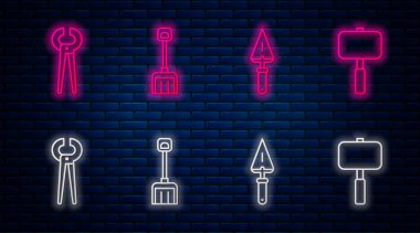 Kar küreği, kürek, kıskaç, kerpeten ve balyoz ayarlayın. Tuğla duvarda parlayan neon simgesi. Vektör