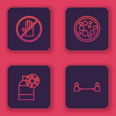 Hattı ayarla. El sıkışma yok, virüslü şişe, virüs ve güvenli mesafe. Mavi kare düğme. Vektör