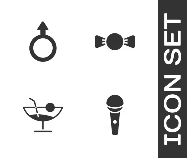 Set Micrófono, símbolo de género masculino, icono de cóctel y pajarita. Vector — Vector de stock