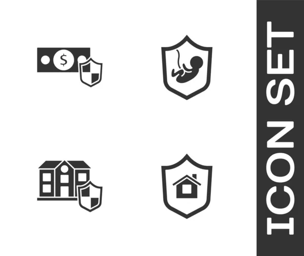 Set Casa con escudo, Dinero, y el icono del seguro de vida. Vector — Vector de stock