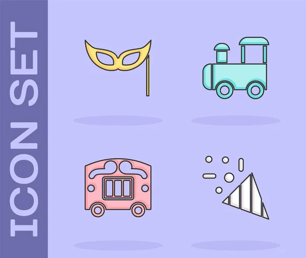 Set confetti festivi, maschera, carro Circo e icona del trenino giocattolo. Vettore — Vettoriale Stock