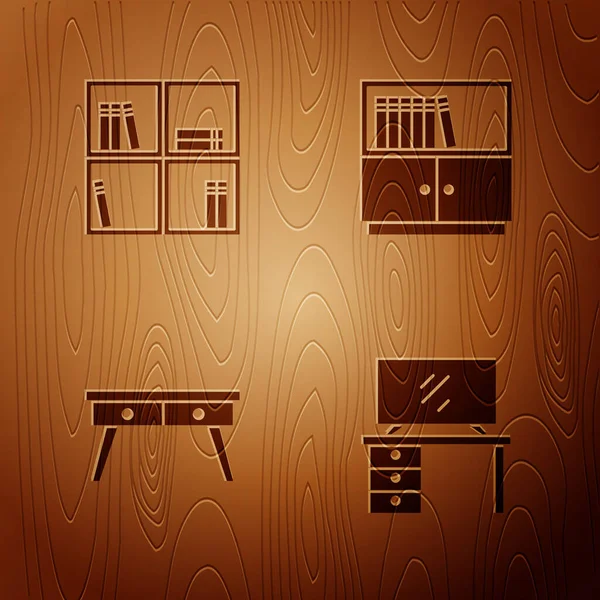 Set TV-Tisch, Regal mit Büchern, Schreibtisch und Bücherregal auf Holzgrund. Vektor — Stockvektor