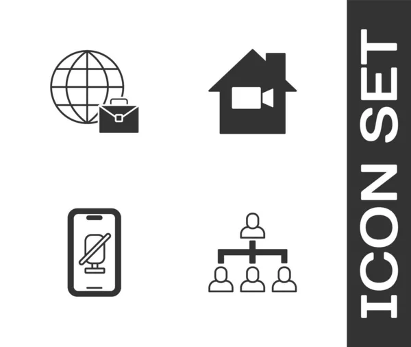 Set Hierarchy organogram chart, Online working, Mute microphone on mobile and Video camera Off home icon. Vector — Stock Vector