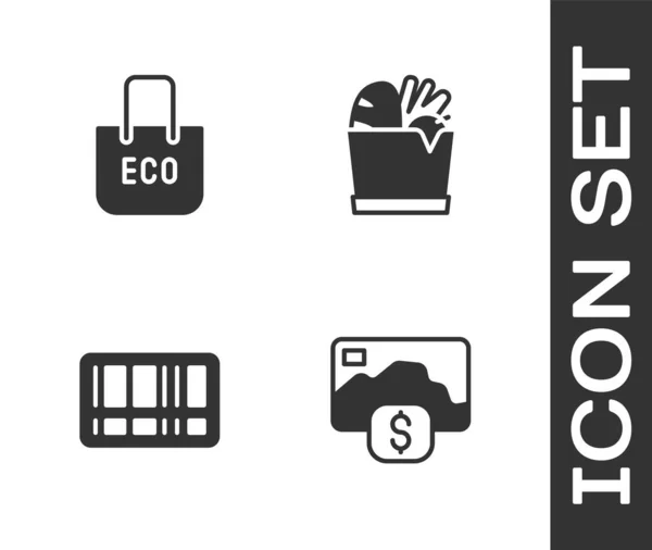 Set Tarjeta de crédito, Bolsa de compras con reciclaje, Código de barras y el icono de la comida. Vector — Vector de stock